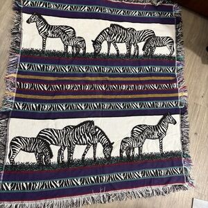 Crown Crafts 100% Cotton Zebra Tapestry Throw Blanket Fringe Reversible 58x48